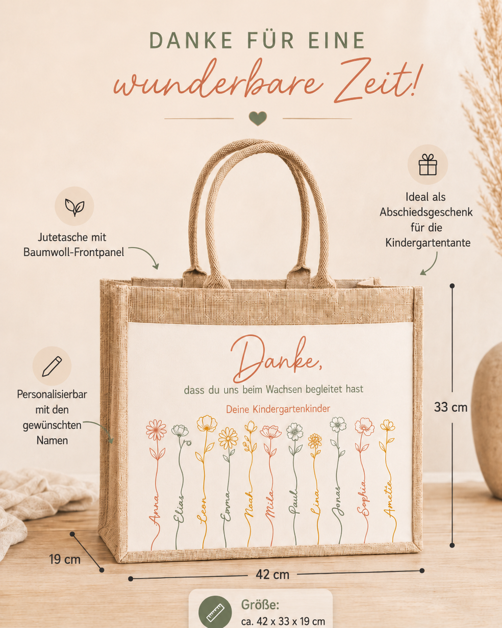 Personalisierte Kindergartentasche „Danke“ mit Kindernamen