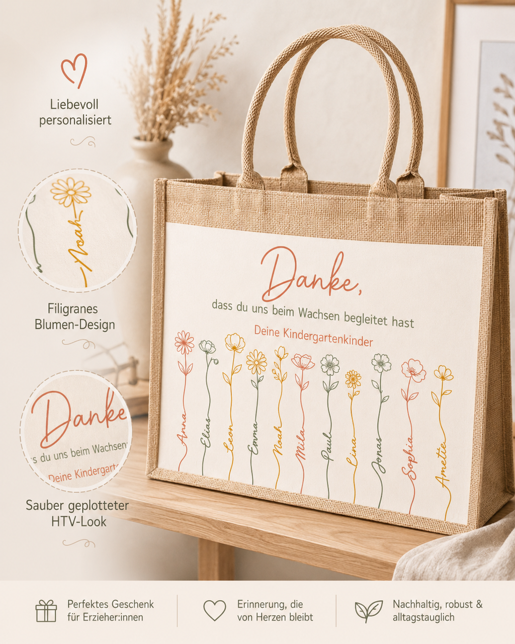 Personalisierte Kindergartentasche „Danke“ mit Kindernamen