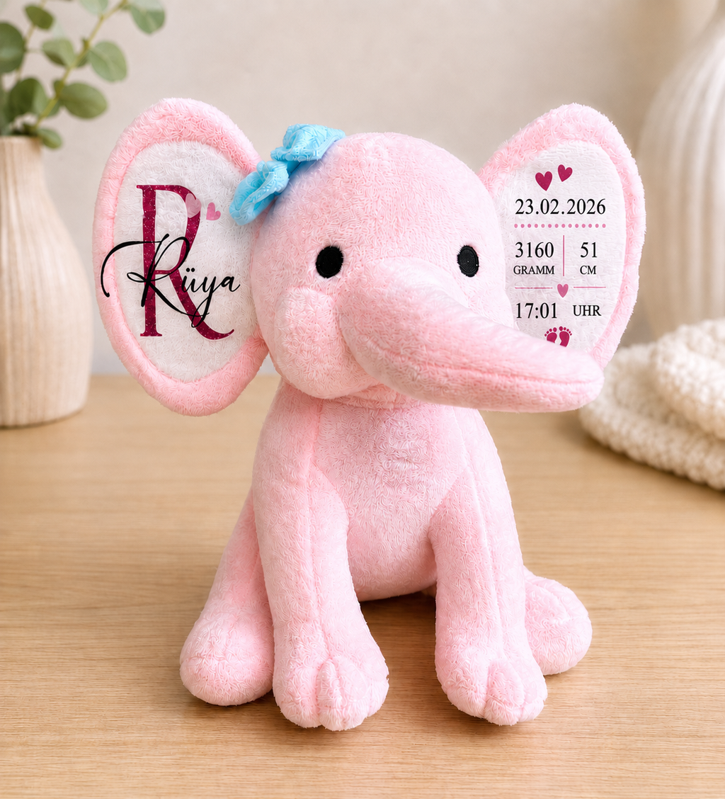 Personalisierter Plüschelefant mit Geburtsdaten